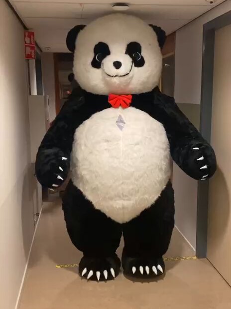 Panda mascotte op locatie in een gang, klaar voor een bezoek
